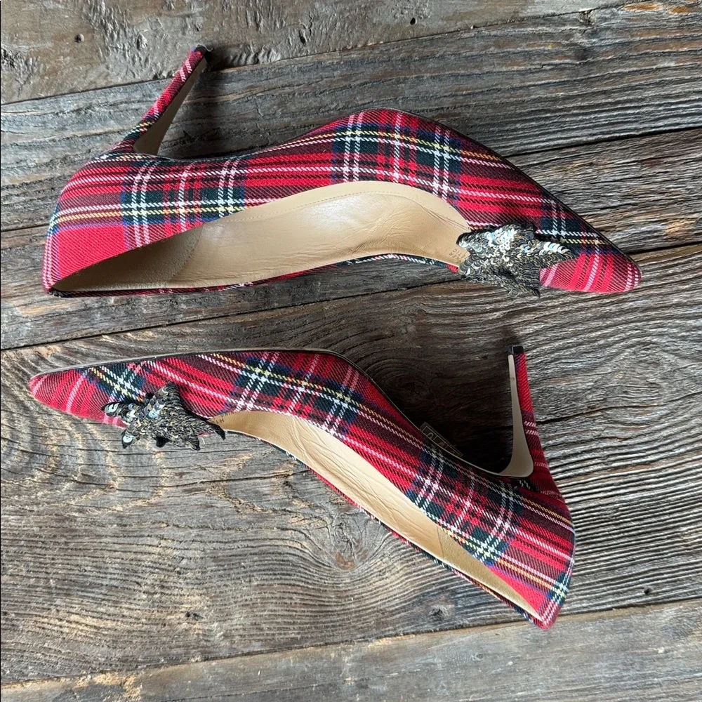 J. crew Lucie tartan plaid heel with‎ sequin star embellishment EUC size 9.5
